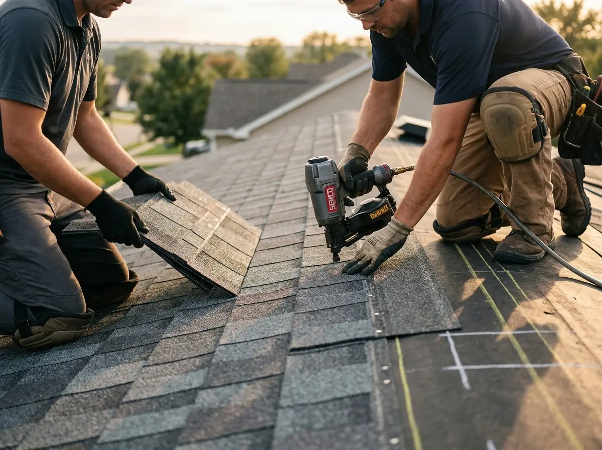 Professional roofer working on a residential roof in Trussville